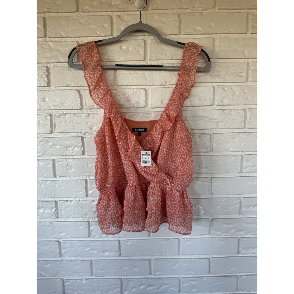 Express Coral Peach Abstract Print‎ Peplum Tank Top NWT Size Large